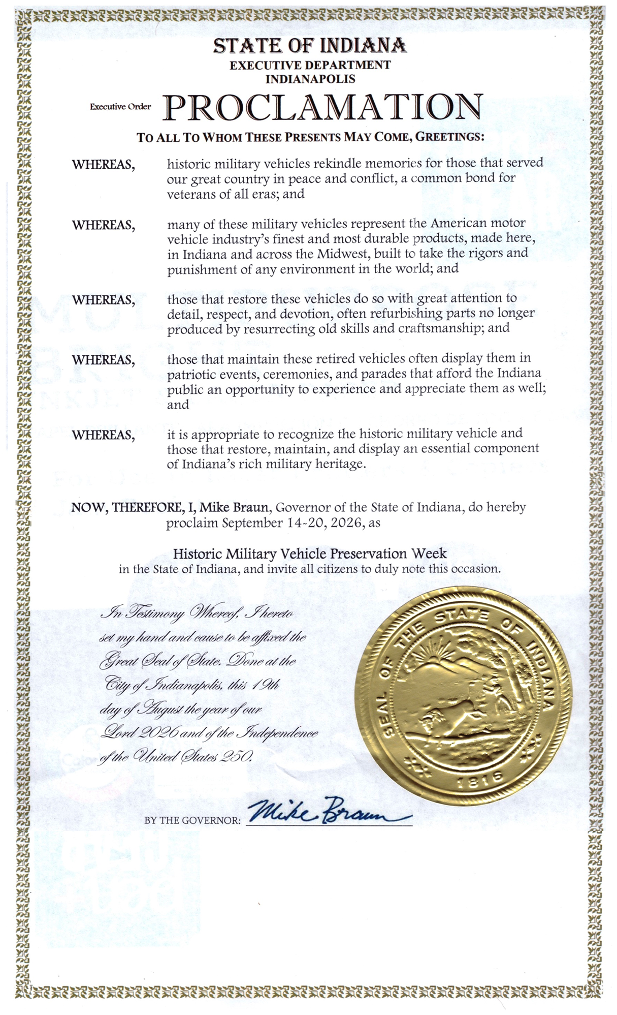 2026 Indiana Governor's Proclamation